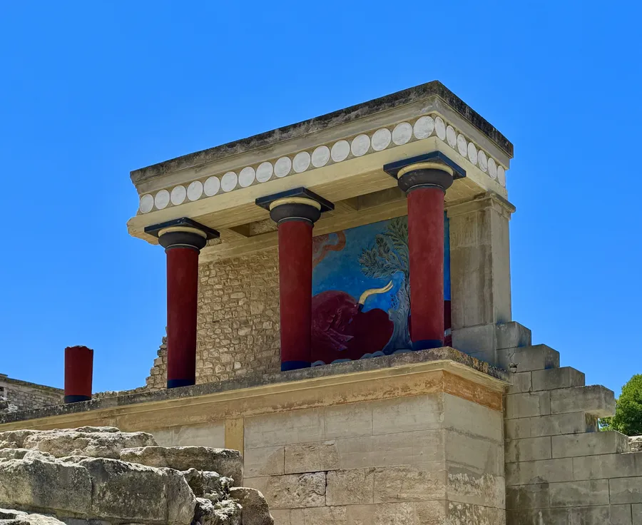 Ruins and restored structures of the ancient Knossos Palace archaeological site